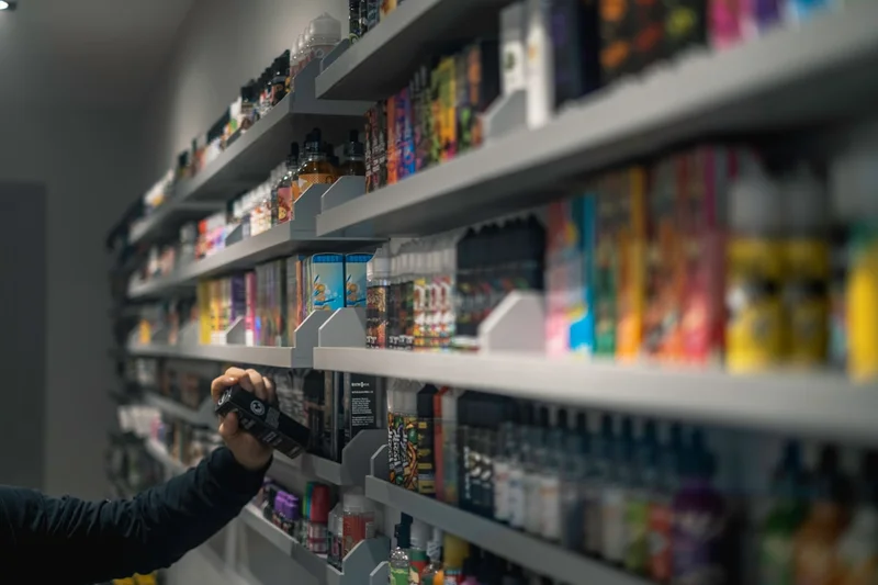 Customer selecting from wall of e-liquid products